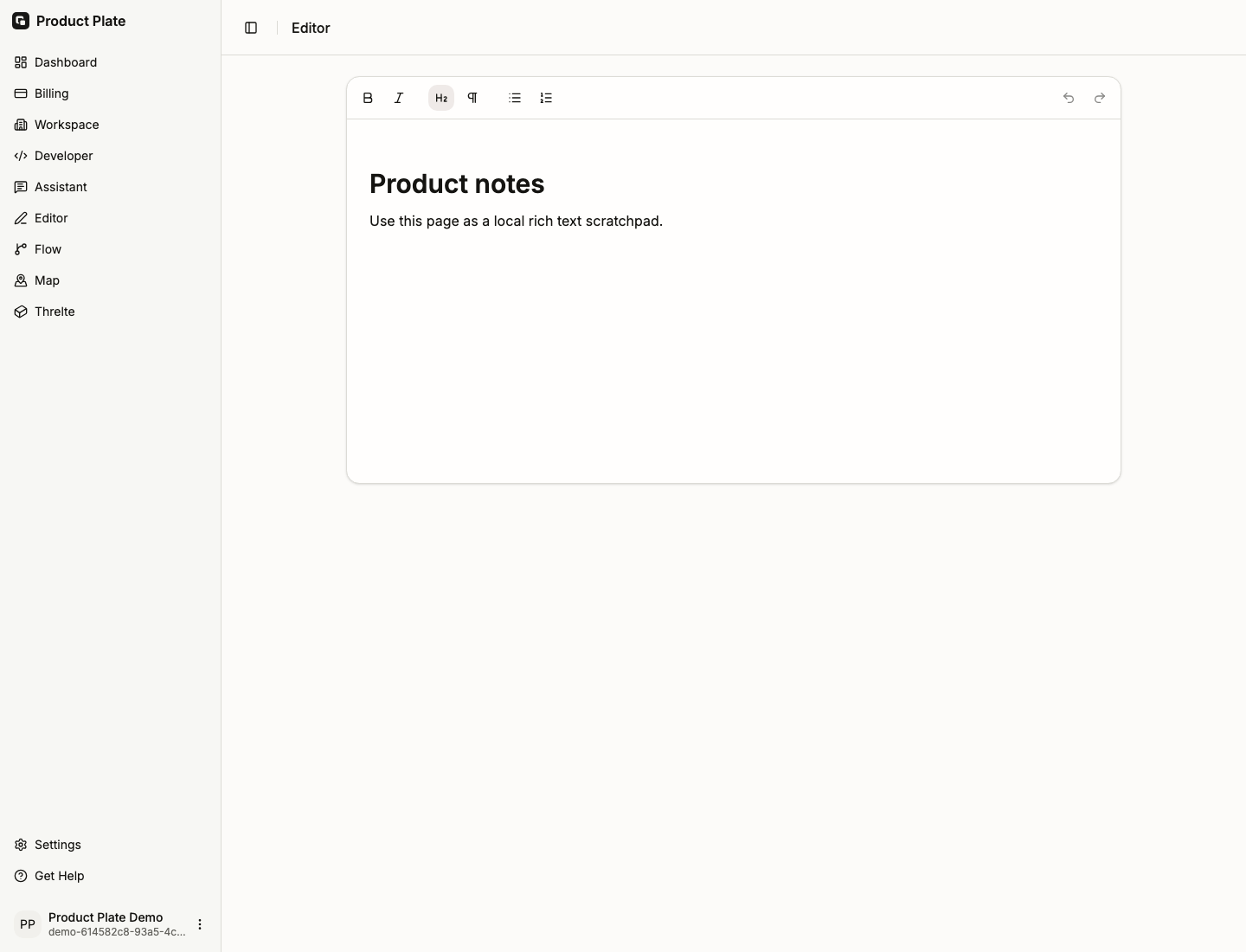 Product Plate rich text editor